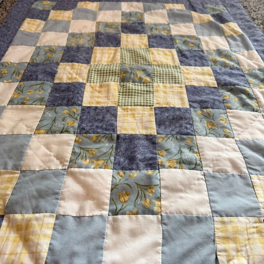 Vintage pillow shams Quilted Set of 2 Blue Yellow Floral Patchwork Cottagecore